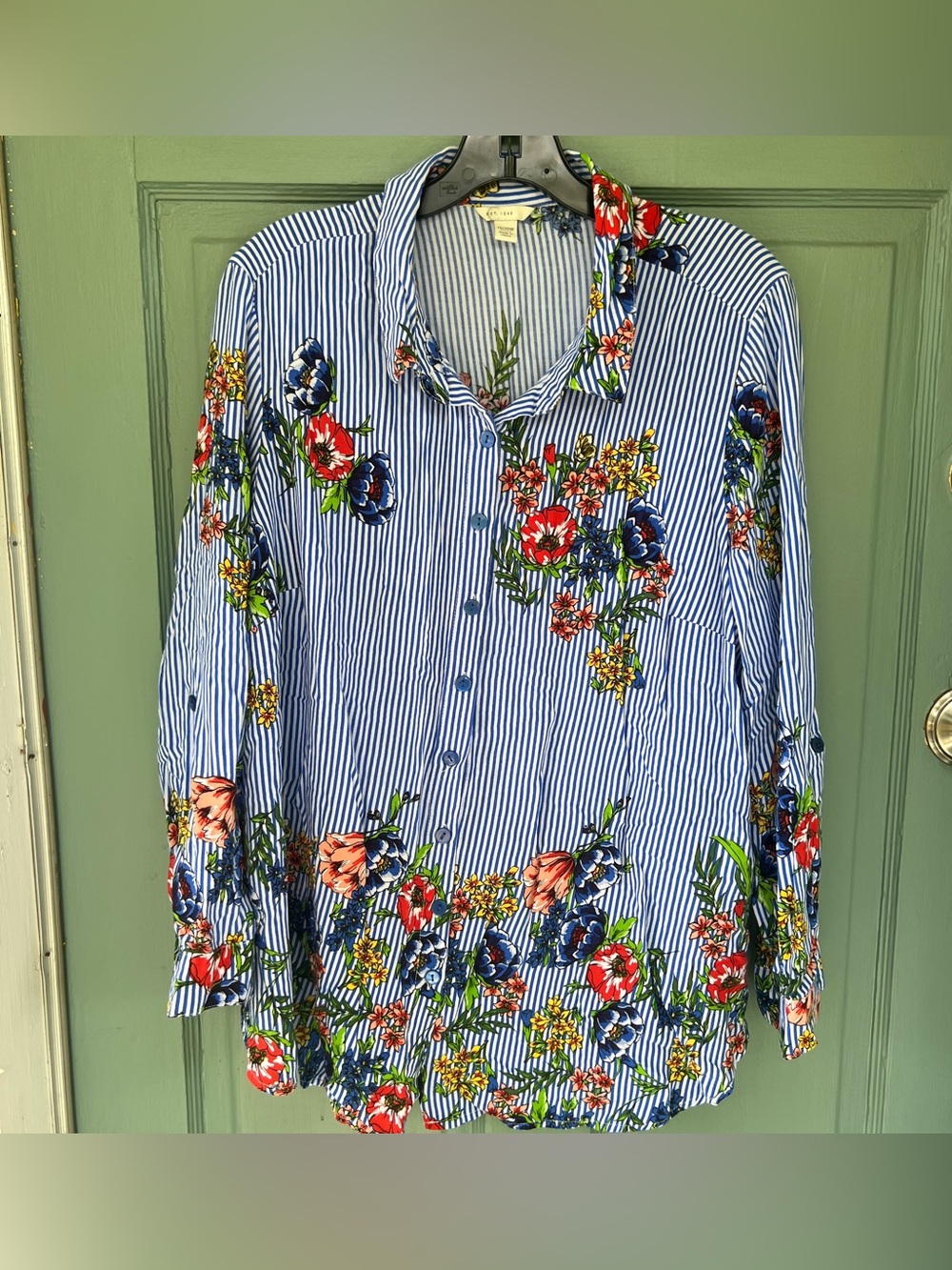 Est. 1946 Cato Fashions Blue Stripe Floral Button Down Long sleeve shirt 18 20W